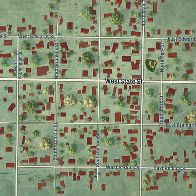 Close-up of the map of Payson, Illinois print showing street and building detail