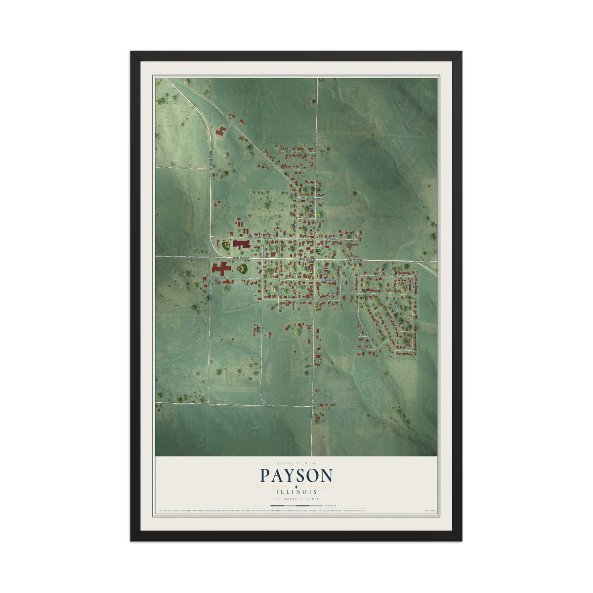 Map of Payson, Illinois, 12 x 18 inch print in a black wood frame