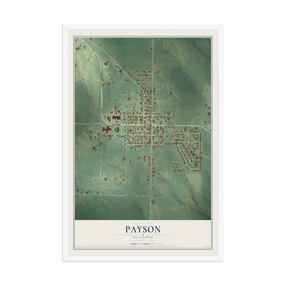 Map of Payson, Illinois, 12 x 18 inch print in a white wood frame