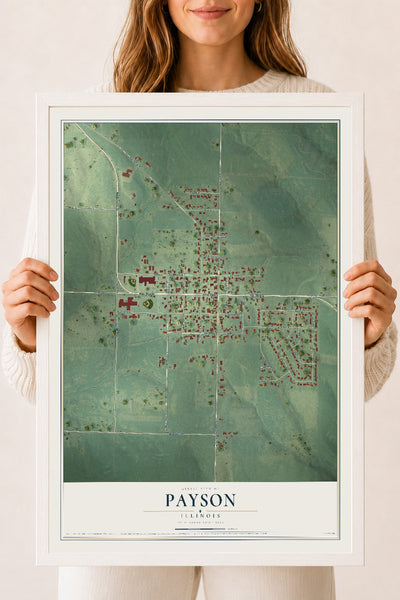Map of Payson, Illinois, 18 x 24 inch print in a white wood frame