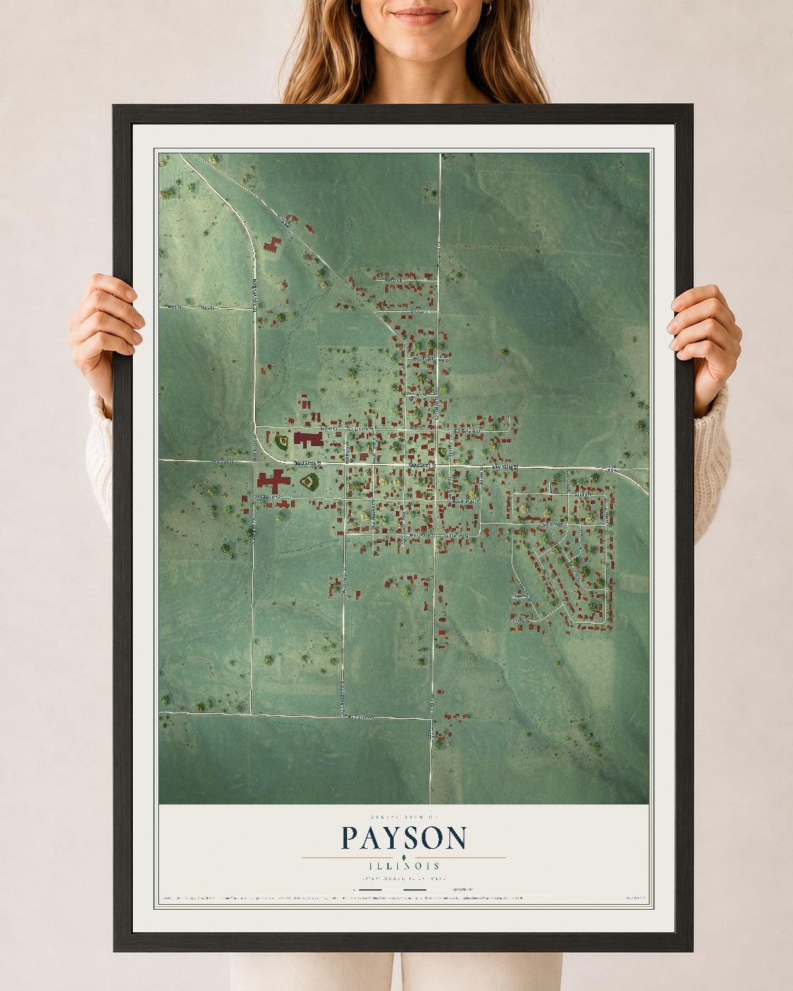 Map of Payson, Illinois, 24 x 36 inch print in a black wood frame