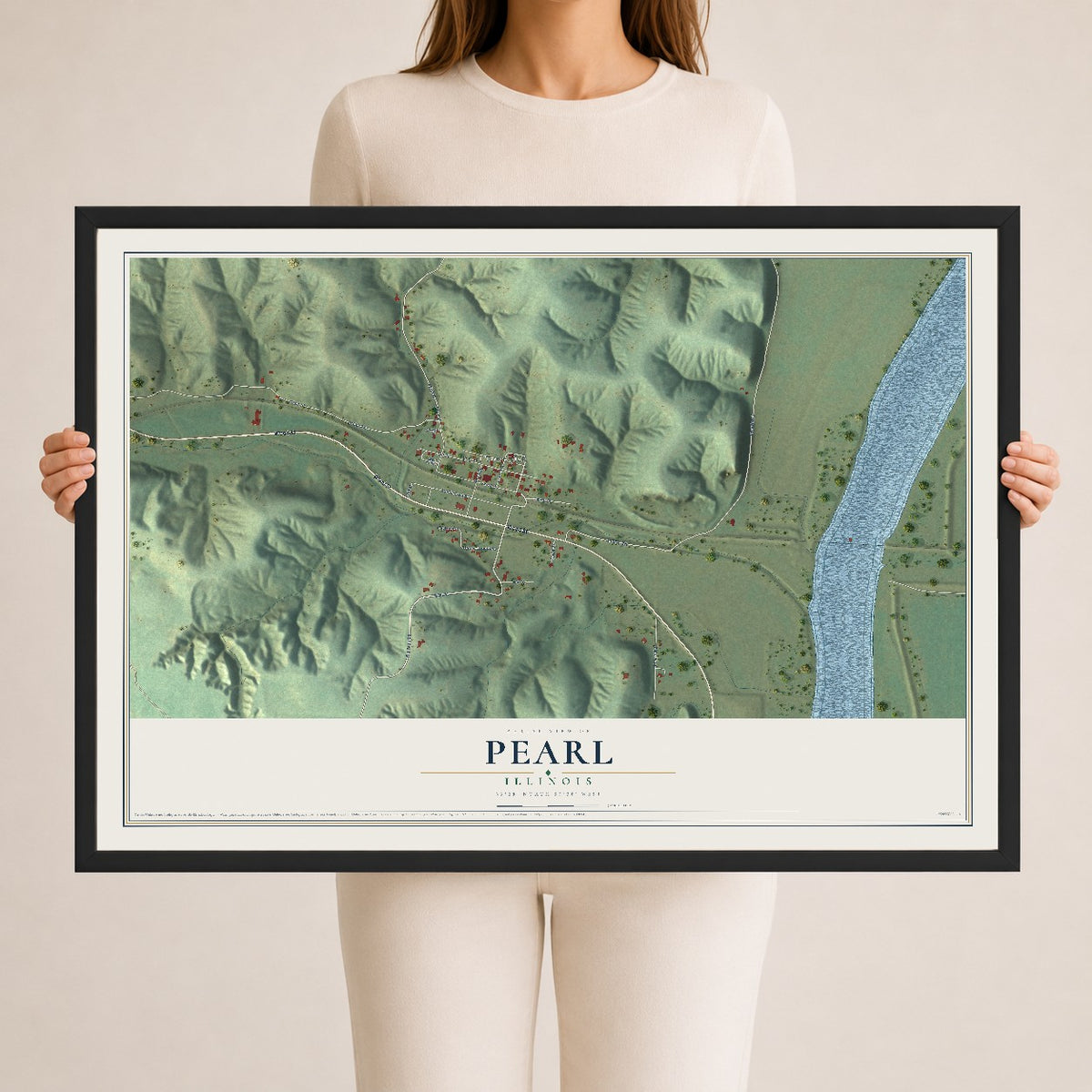 Map of Pearl, Illinois, 24 x 36 inch print in a black wood frame
