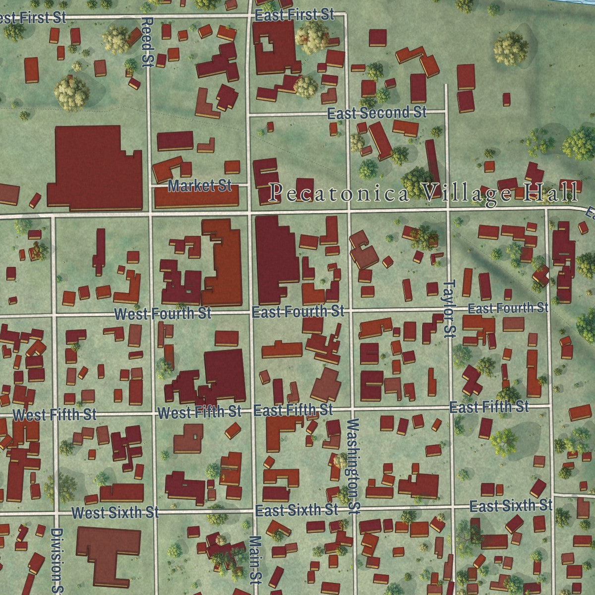Close-up of the map of Pecatonica, Illinois print showing street and building detail