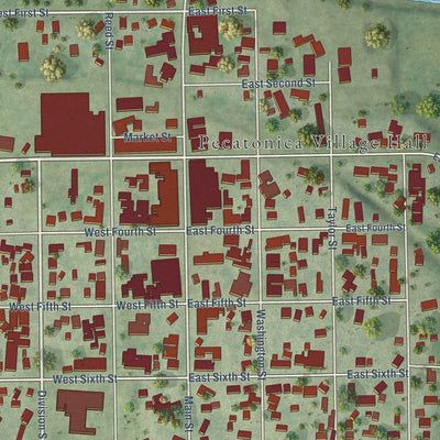 Close-up of the map of Pecatonica, Illinois print showing street and building detail