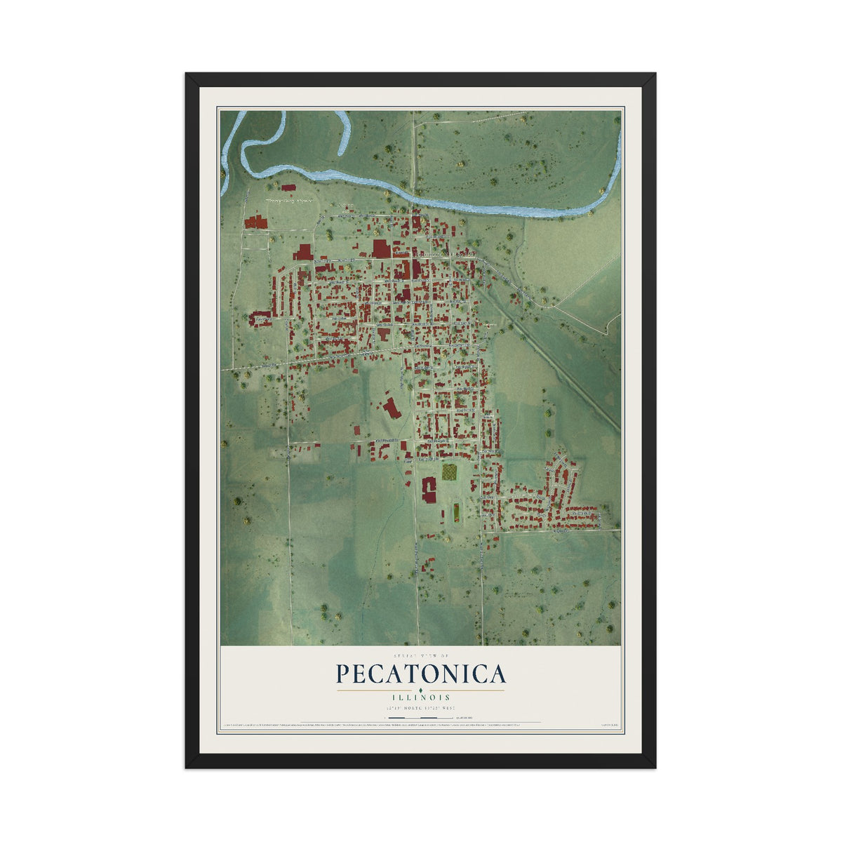 Map of Pecatonica, Illinois, 12 x 18 inch print in a black wood frame