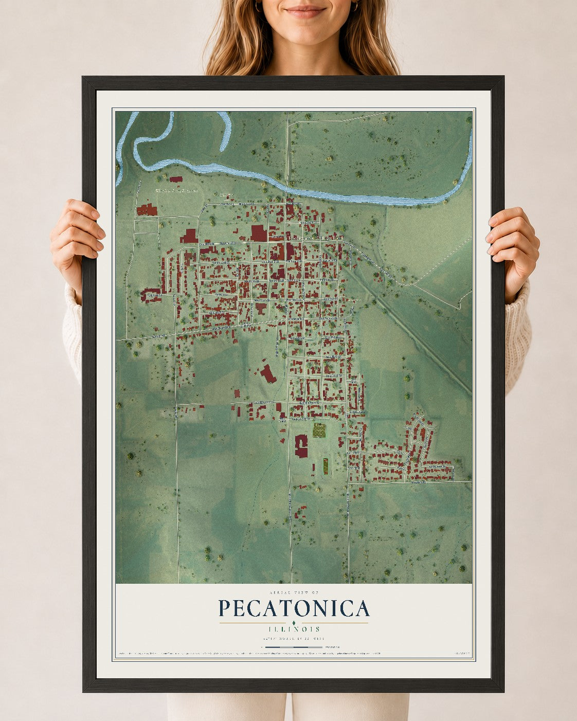 Map of Pecatonica, Illinois, 24 x 36 inch print in a black wood frame