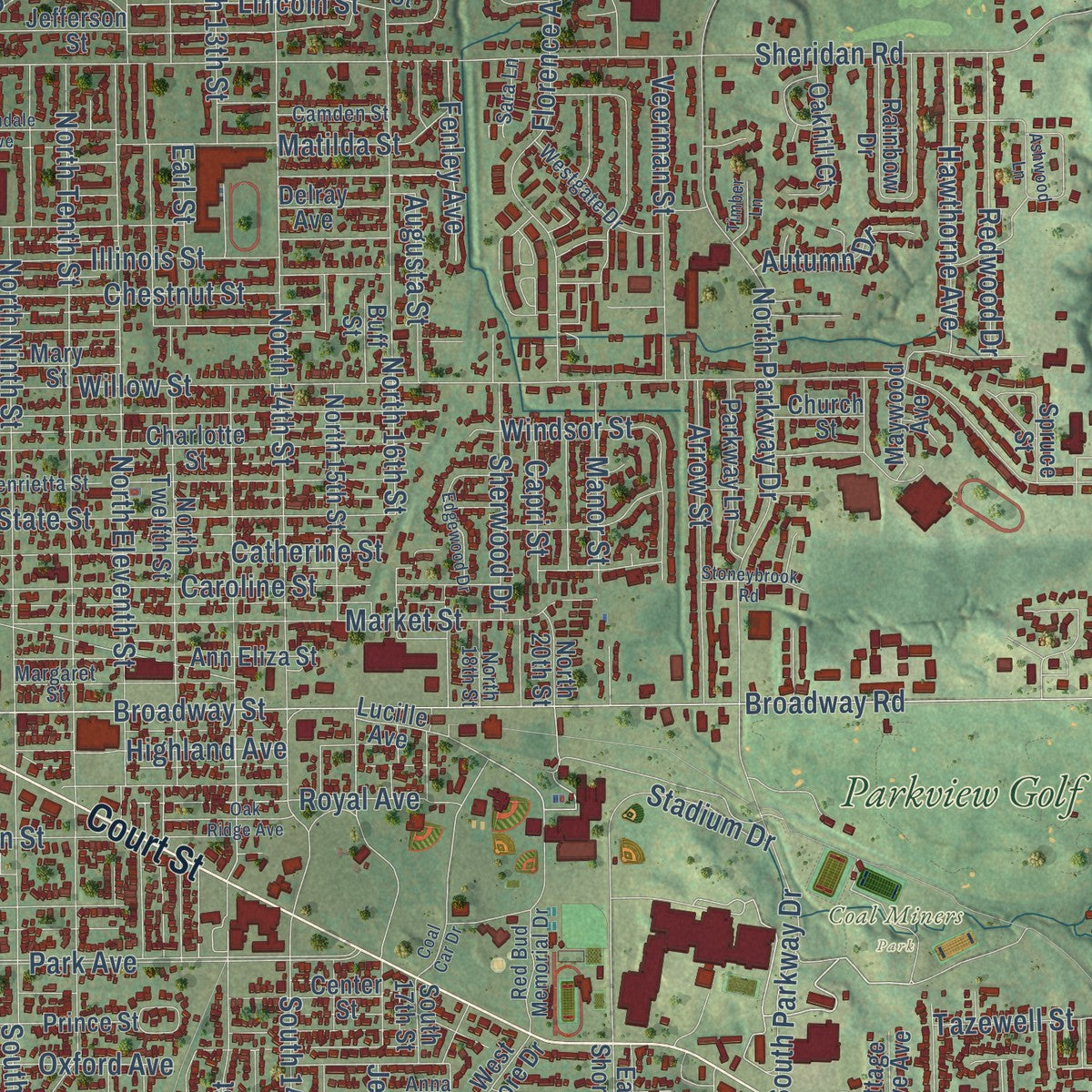 Close-up of the map of Pekin, Illinois print showing street and building detail