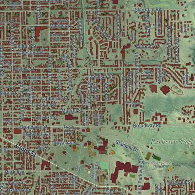 Close-up of the map of Pekin, Illinois print showing street and building detail
