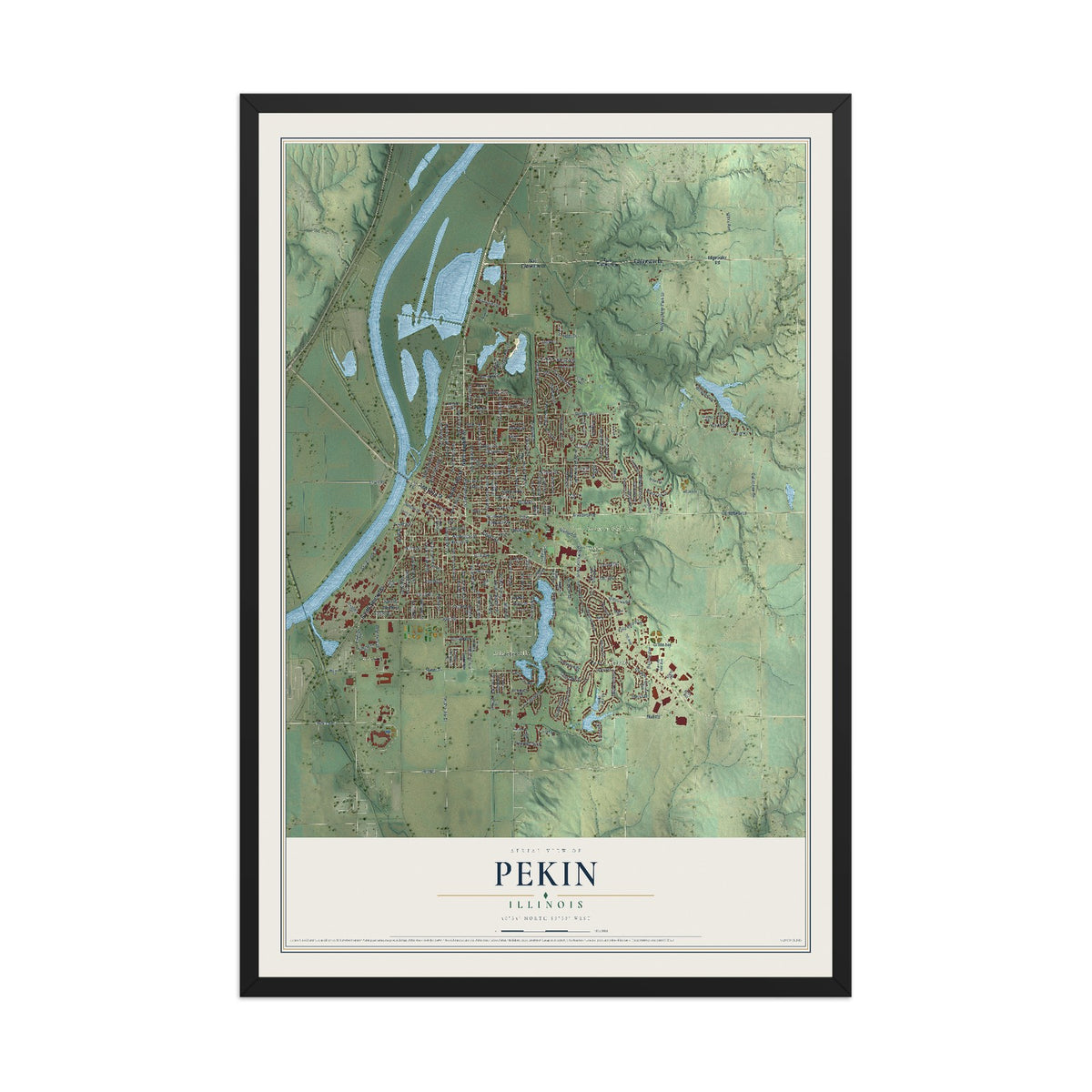 Map of Pekin, Illinois, 12 x 18 inch print in a black wood frame