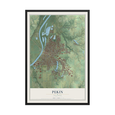 Map of Pekin, Illinois, 12 x 18 inch print in a black wood frame