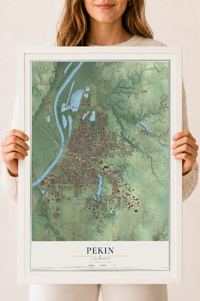 Map of Pekin, Illinois, 18 x 24 inch print in a white wood frame