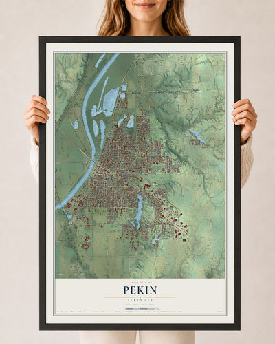 Map of Pekin, Illinois, 24 x 36 inch print in a black wood frame
