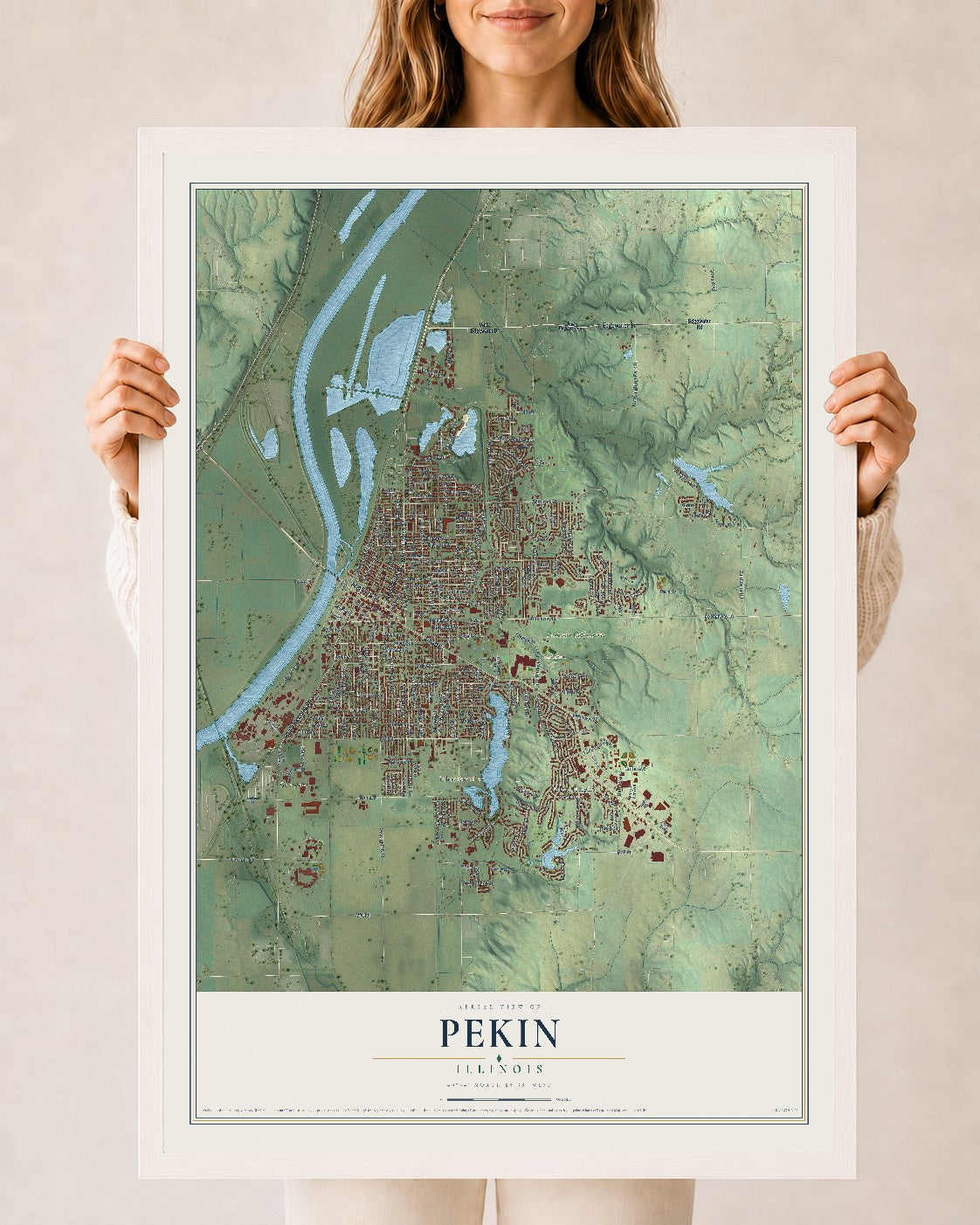 Map of Pekin, Illinois, 24 x 36 inch print in a white wood frame