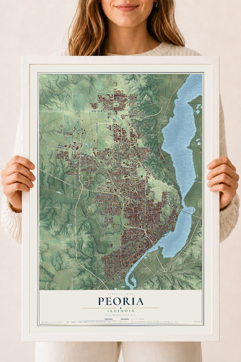 Map of Peoria, Illinois, 18 x 24 inch print in a white wood frame
