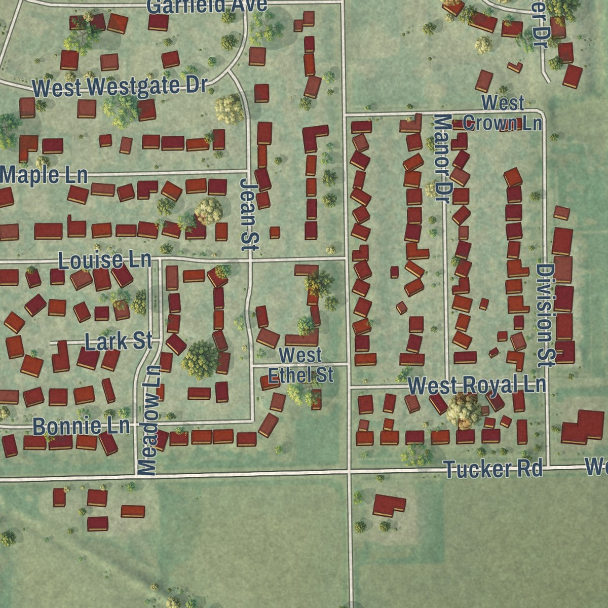 Second close-up of the map of Peotone, Illinois print showing more streets and buildings