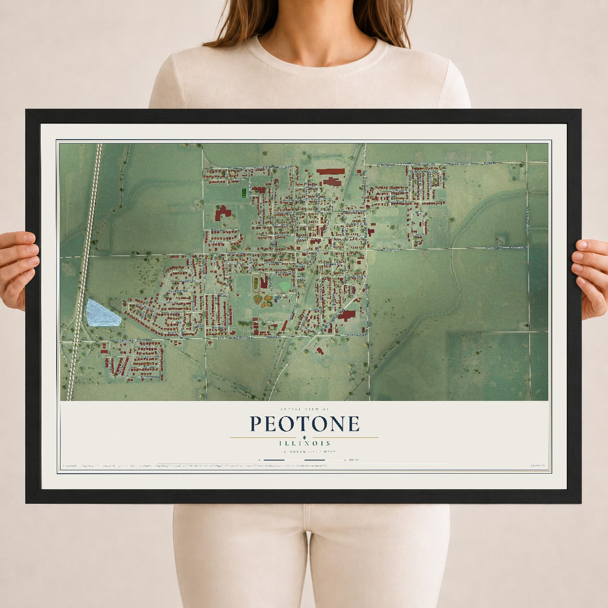 Map of Peotone, Illinois, 18 x 24 inch print in a black wood frame