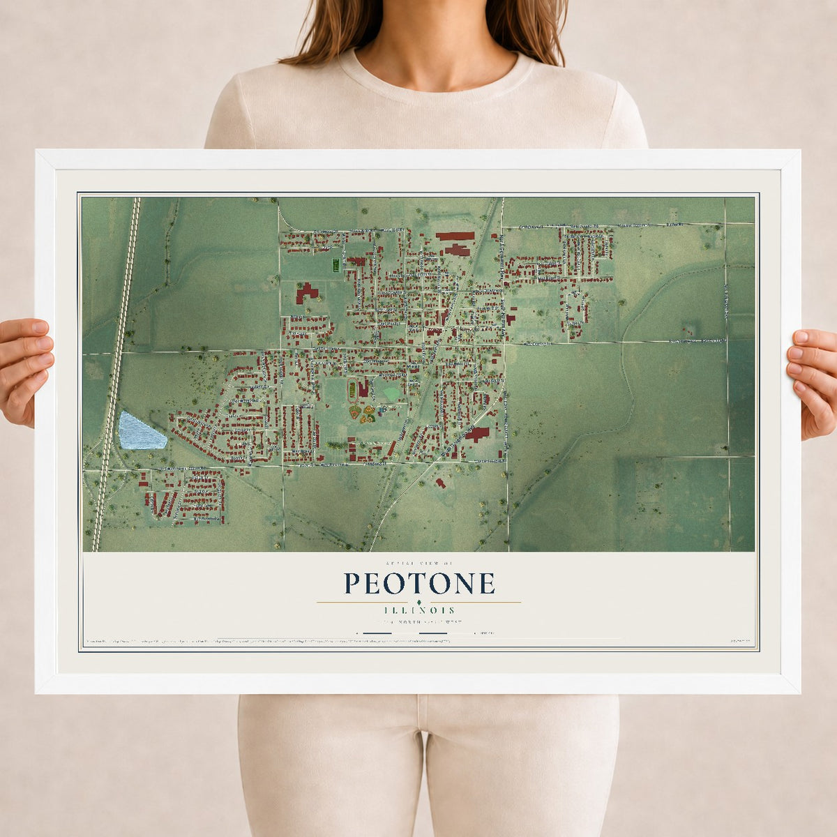Map of Peotone, Illinois, 18 x 24 inch print in a white wood frame