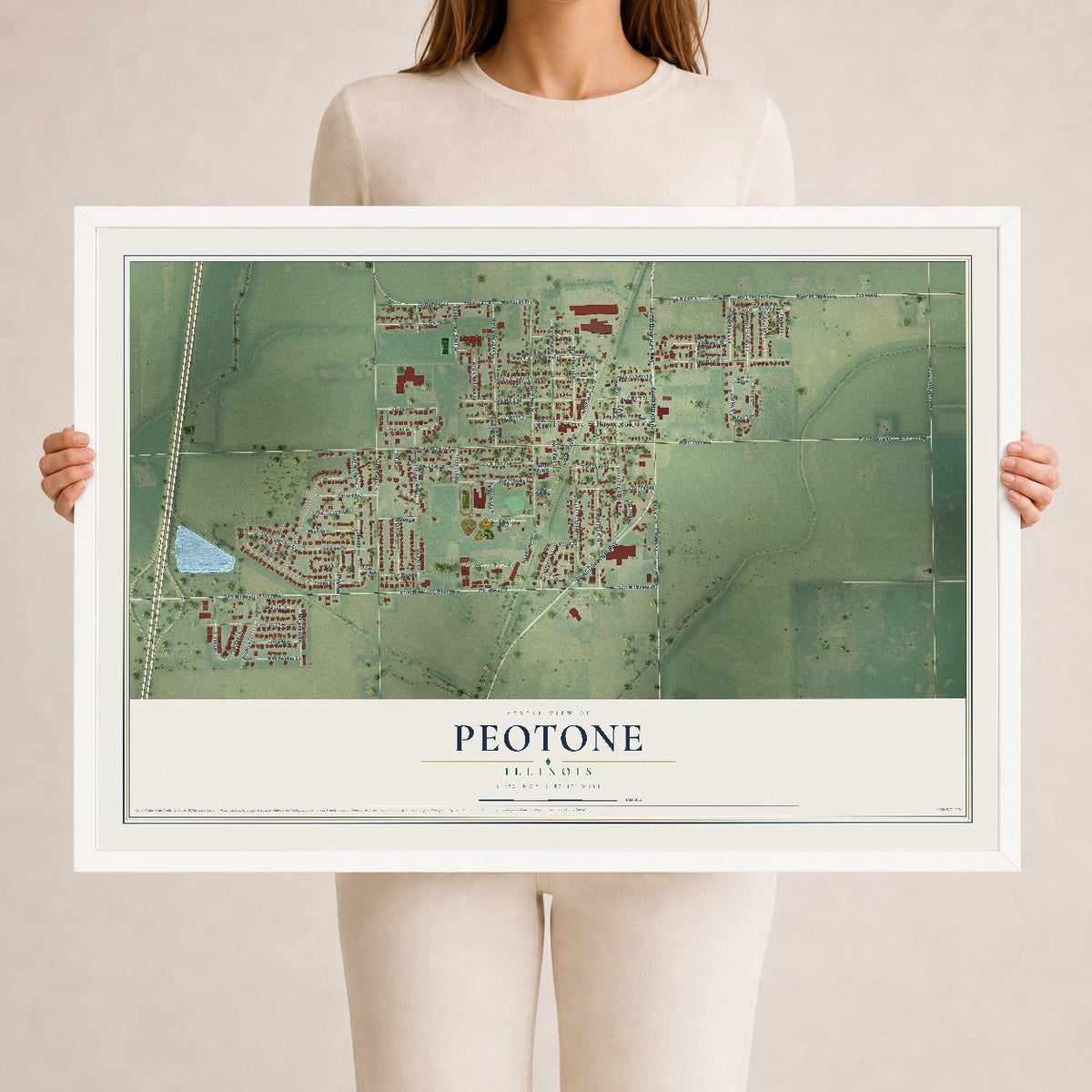 Map of Peotone, Illinois, 24 x 36 inch print in a white wood frame