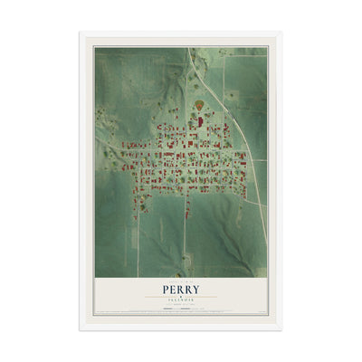 Map of Perry, Illinois, 12 x 18 inch print in a white wood frame