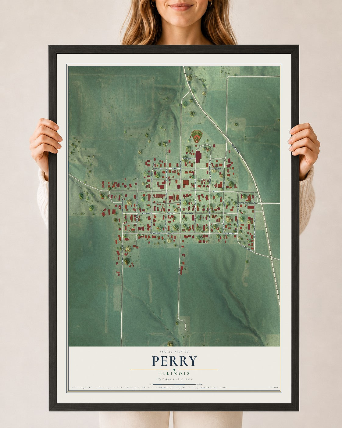 Map of Perry, Illinois, 24 x 36 inch print in a black wood frame