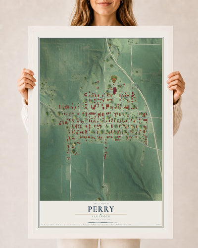 Map of Perry, Illinois, 24 x 36 inch print in a white wood frame