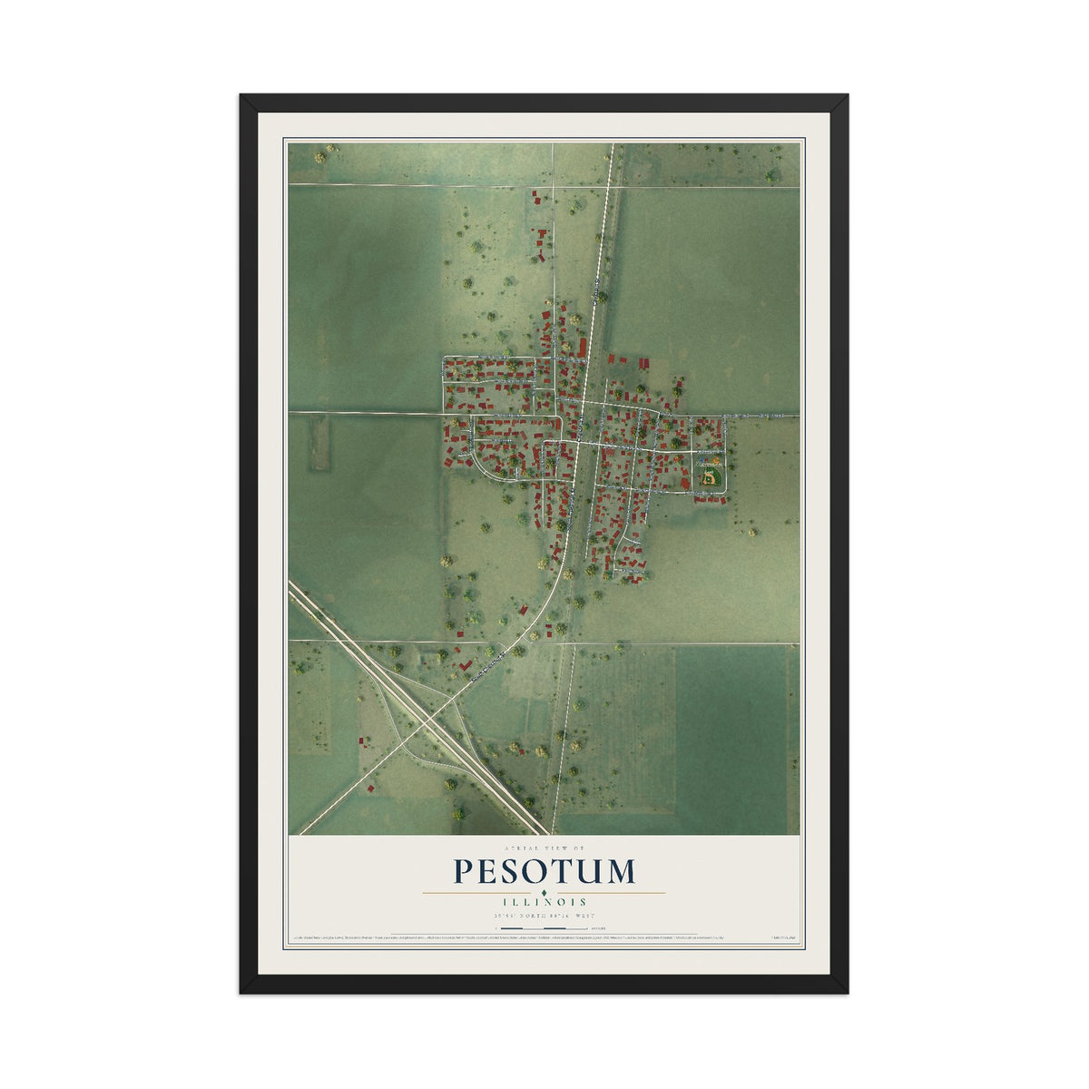 Map of Pesotum, Illinois, 12 x 18 inch print in a black wood frame
