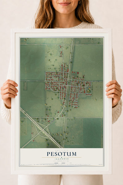 Map of Pesotum, Illinois, 18 x 24 inch print in a white wood frame