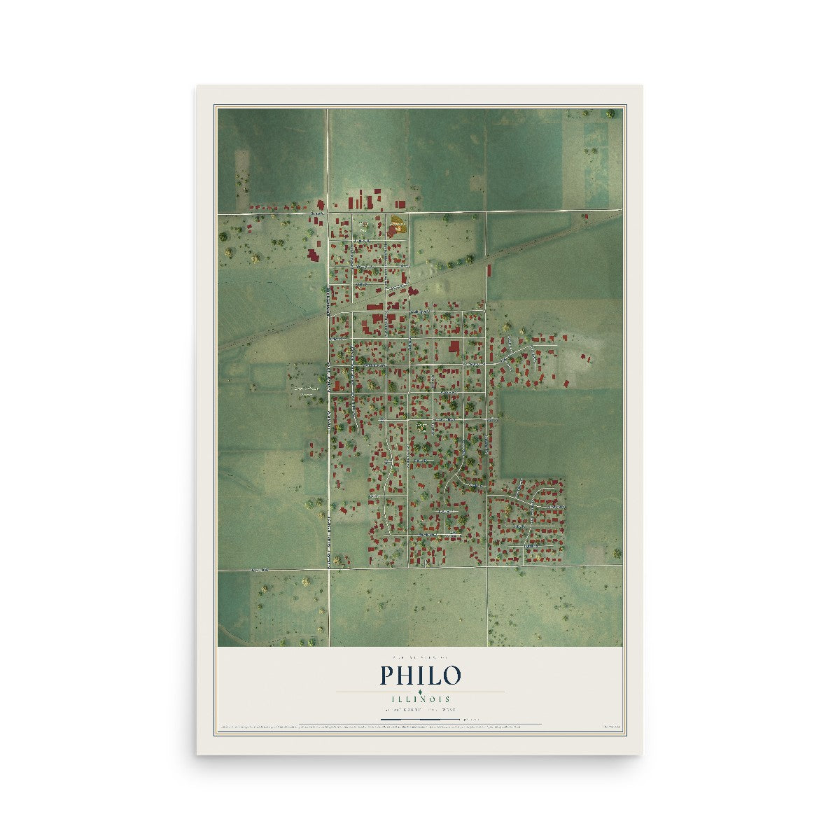 Map of Philo, Illinois, 12 x 18 inch unframed archival matte print