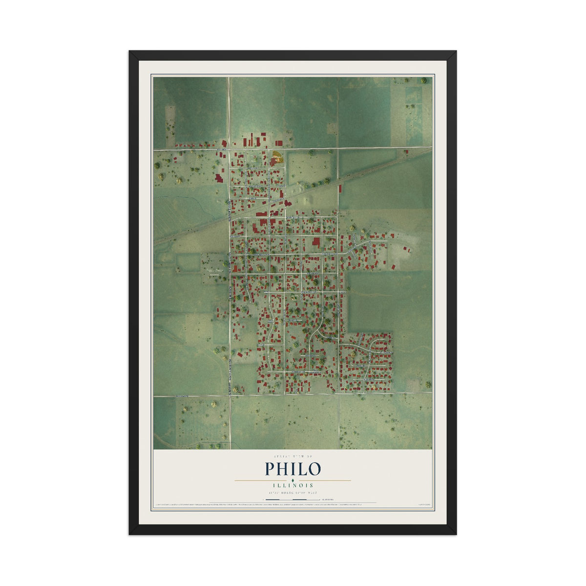 Map of Philo, Illinois, 12 x 18 inch print in a black wood frame