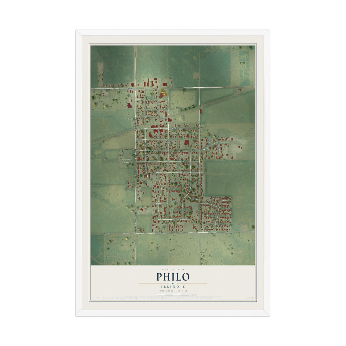 Map of Philo, Illinois, 12 x 18 inch print in a white wood frame