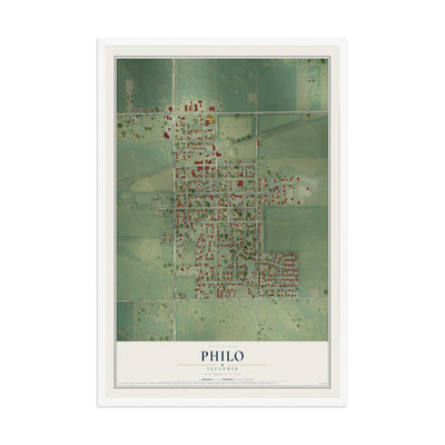 Map of Philo, Illinois, 12 x 18 inch print in a white wood frame