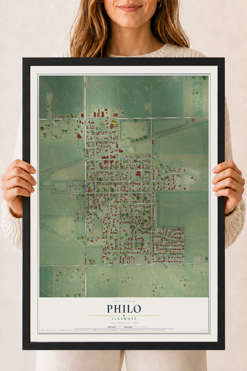 Map of Philo, Illinois, 18 x 24 inch print in a black wood frame