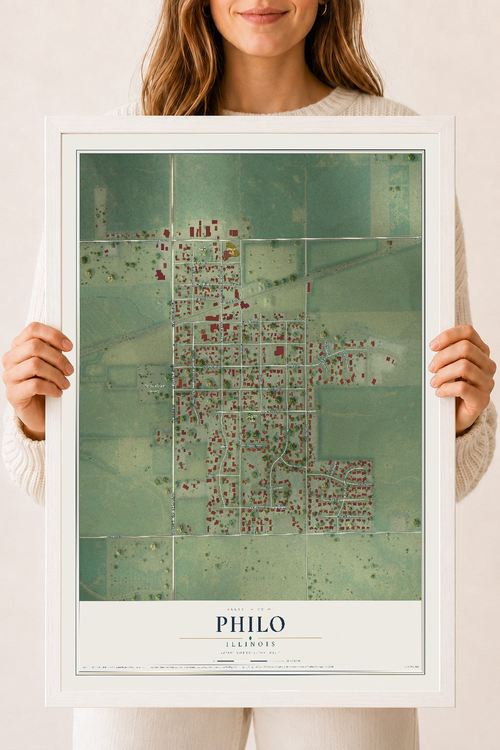 Map of Philo, Illinois, 18 x 24 inch print in a white wood frame