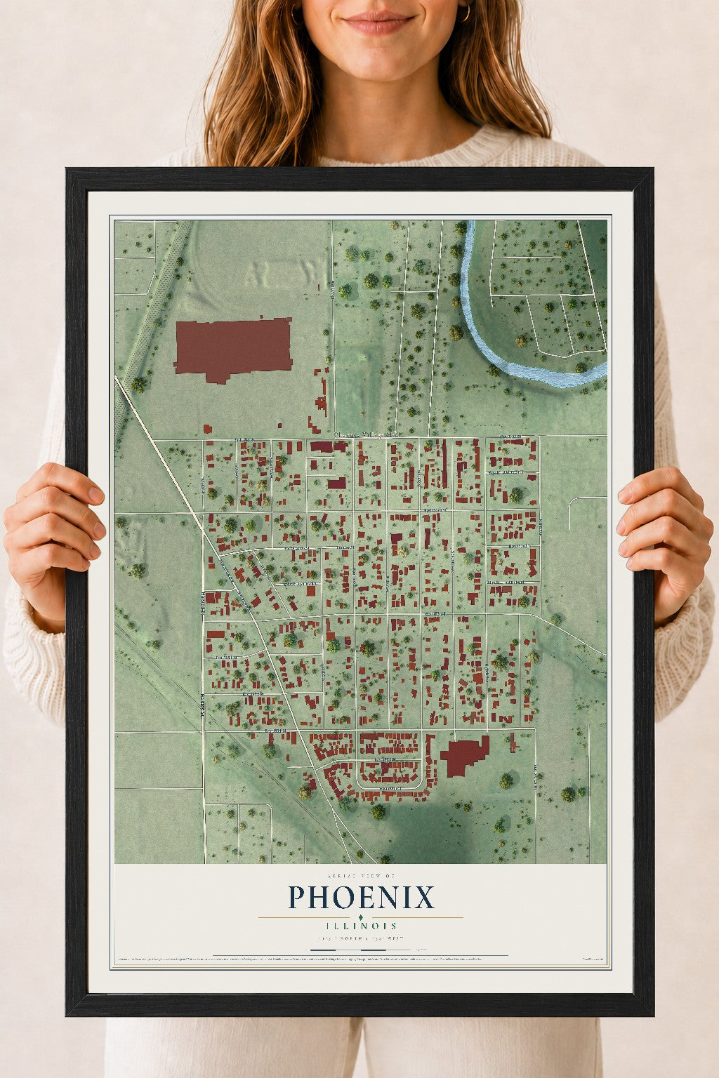 Map of Phoenix, Illinois, 18 x 24 inch print in a black wood frame