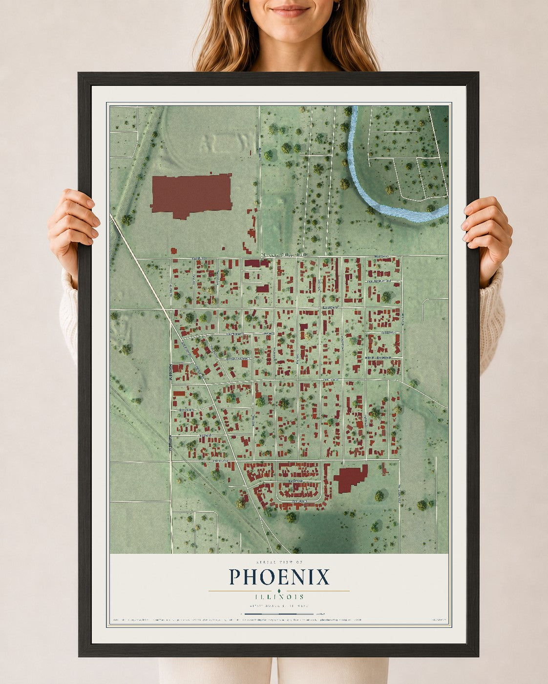 Map of Phoenix, Illinois, 24 x 36 inch print in a black wood frame