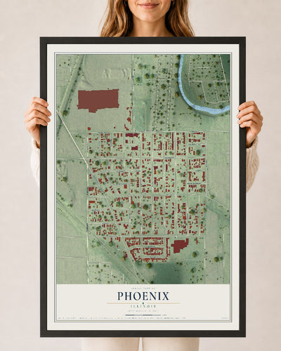 Map of Phoenix, Illinois, 24 x 36 inch print in a black wood frame