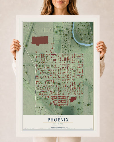 Map of Phoenix, Illinois, 24 x 36 inch print in a white wood frame