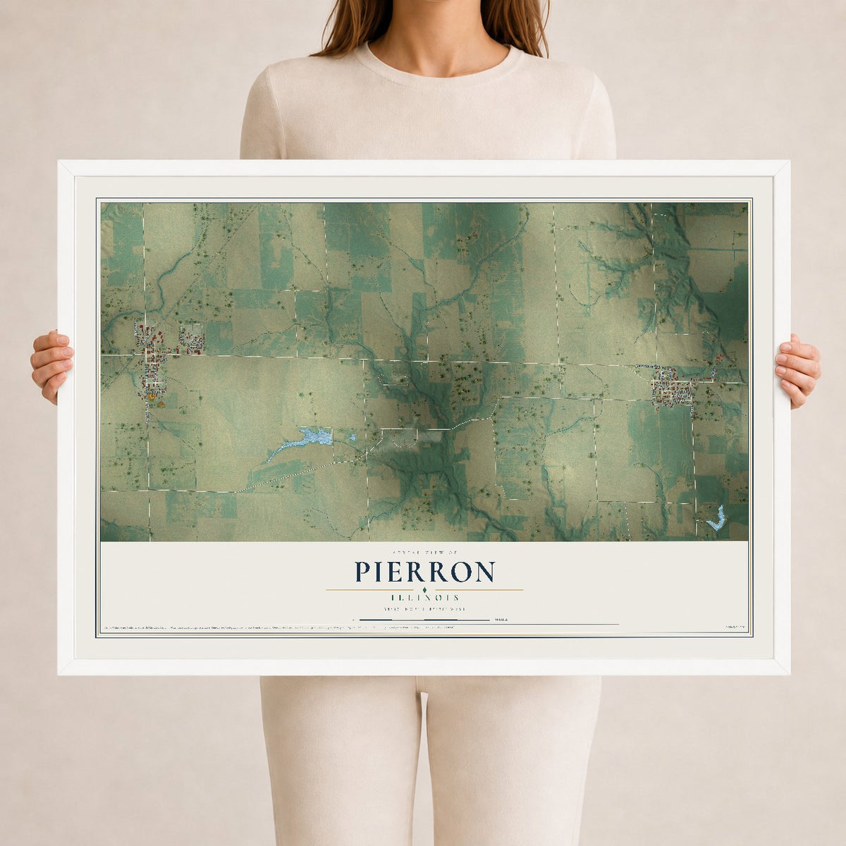 Map of Pierron, Illinois, 24 x 36 inch print in a white wood frame