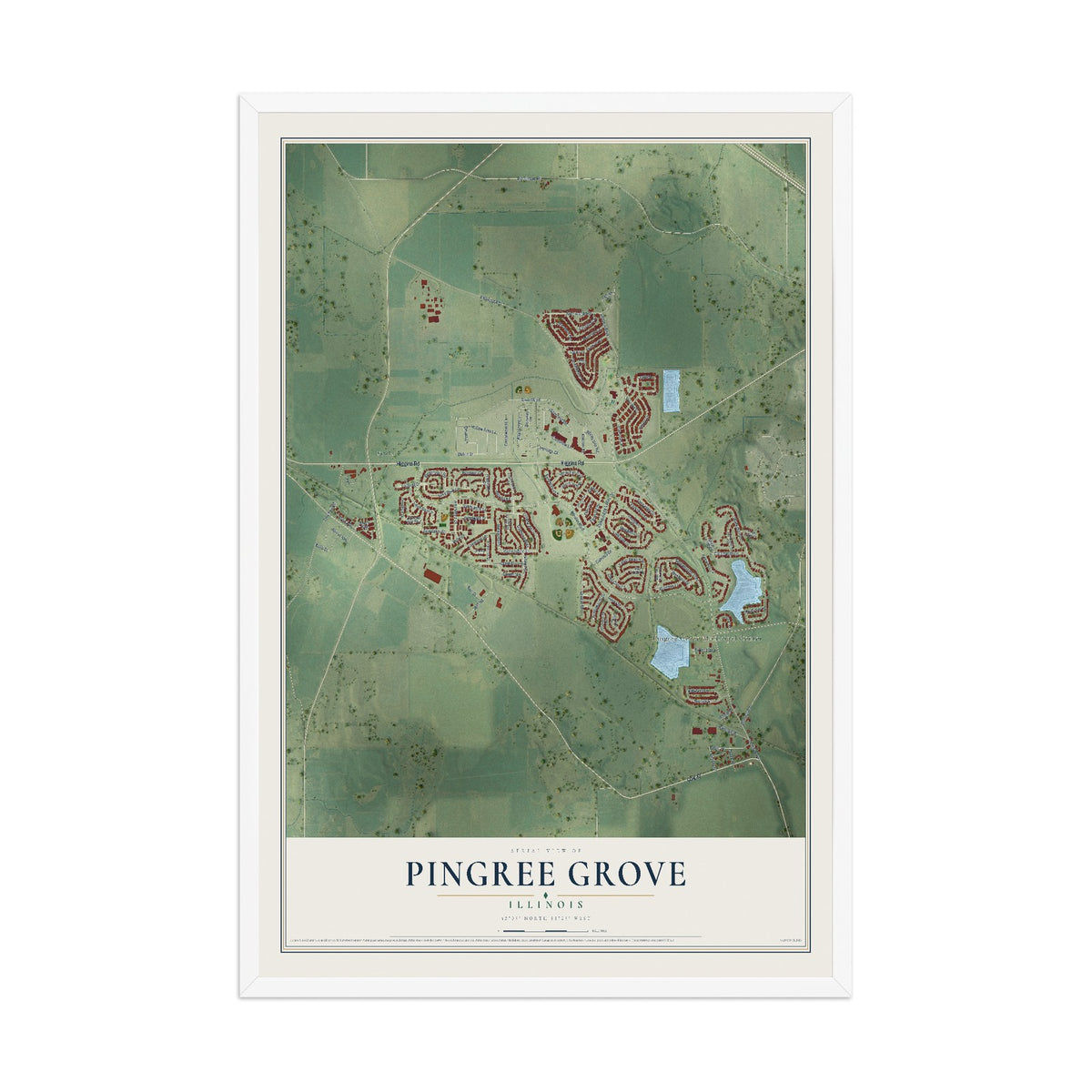 Map of Pingree Grove, Illinois, 12 x 18 inch print in a white wood frame