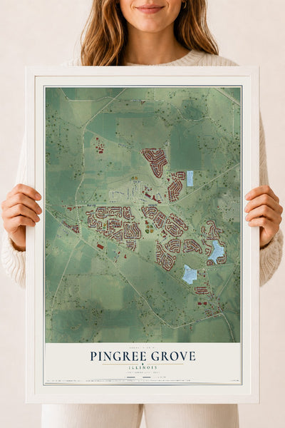 Map of Pingree Grove, Illinois, 18 x 24 inch print in a white wood frame