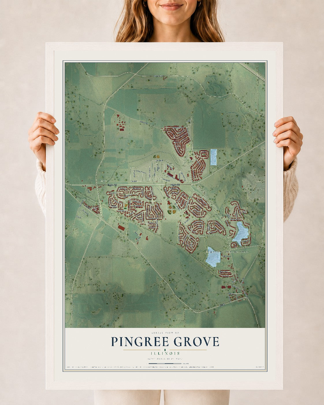 Map of Pingree Grove, Illinois, 24 x 36 inch print in a white wood frame
