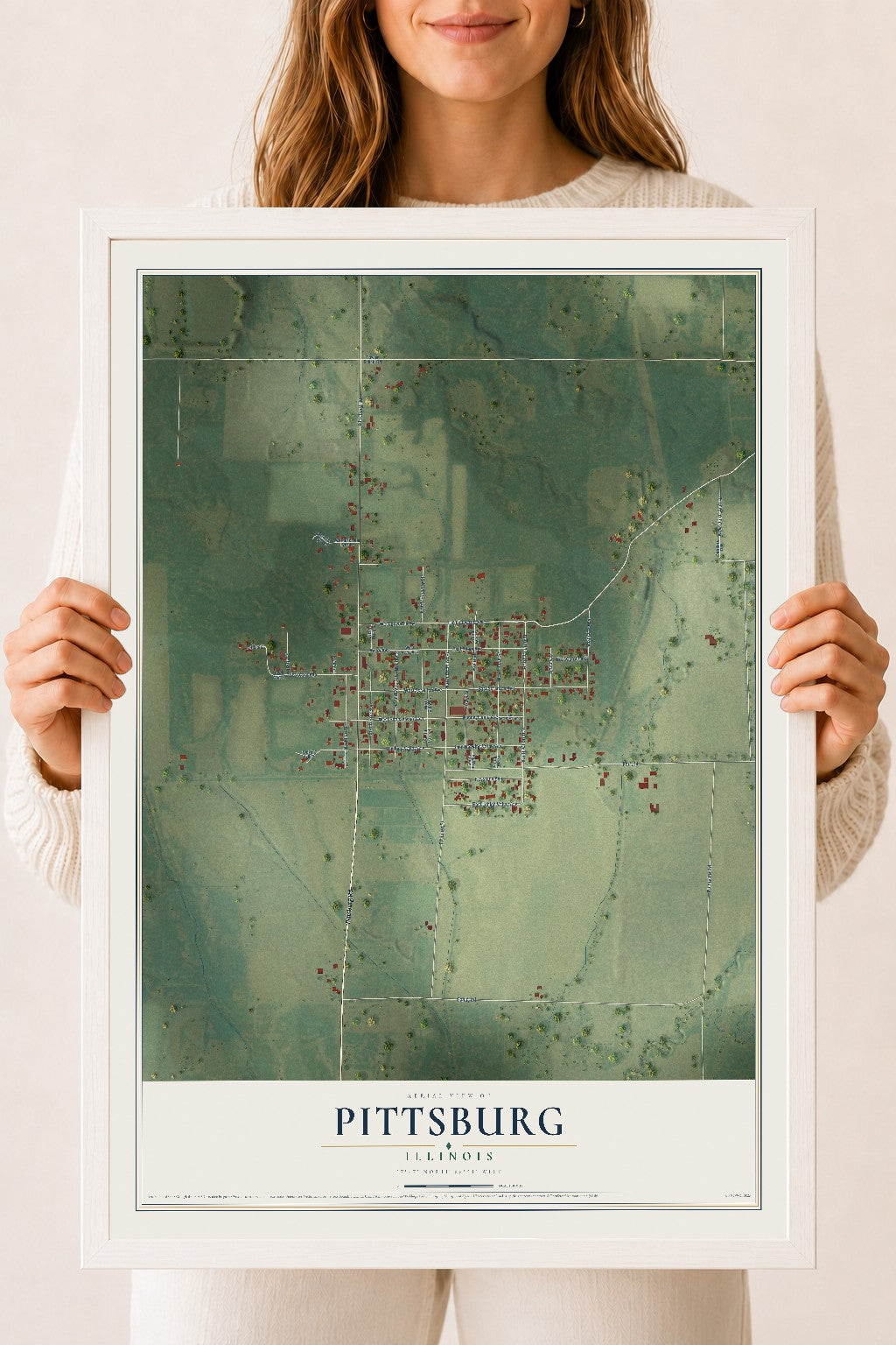 Map of Pittsburg, Illinois, 18 x 24 inch print in a white wood frame