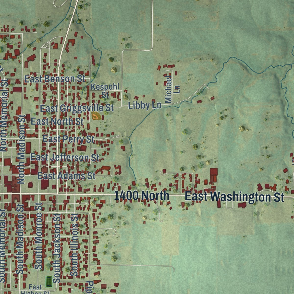 Close-up of the map of Pittsfield, Illinois print showing street and building detail