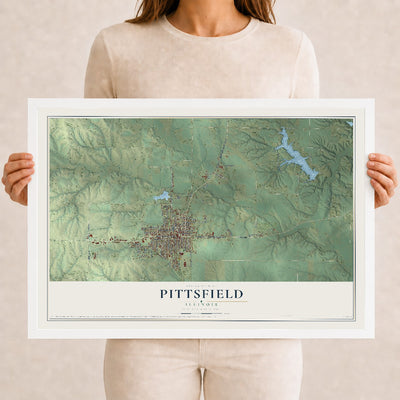 Map of Pittsfield, Illinois, 12 x 18 inch print in a white wood frame
