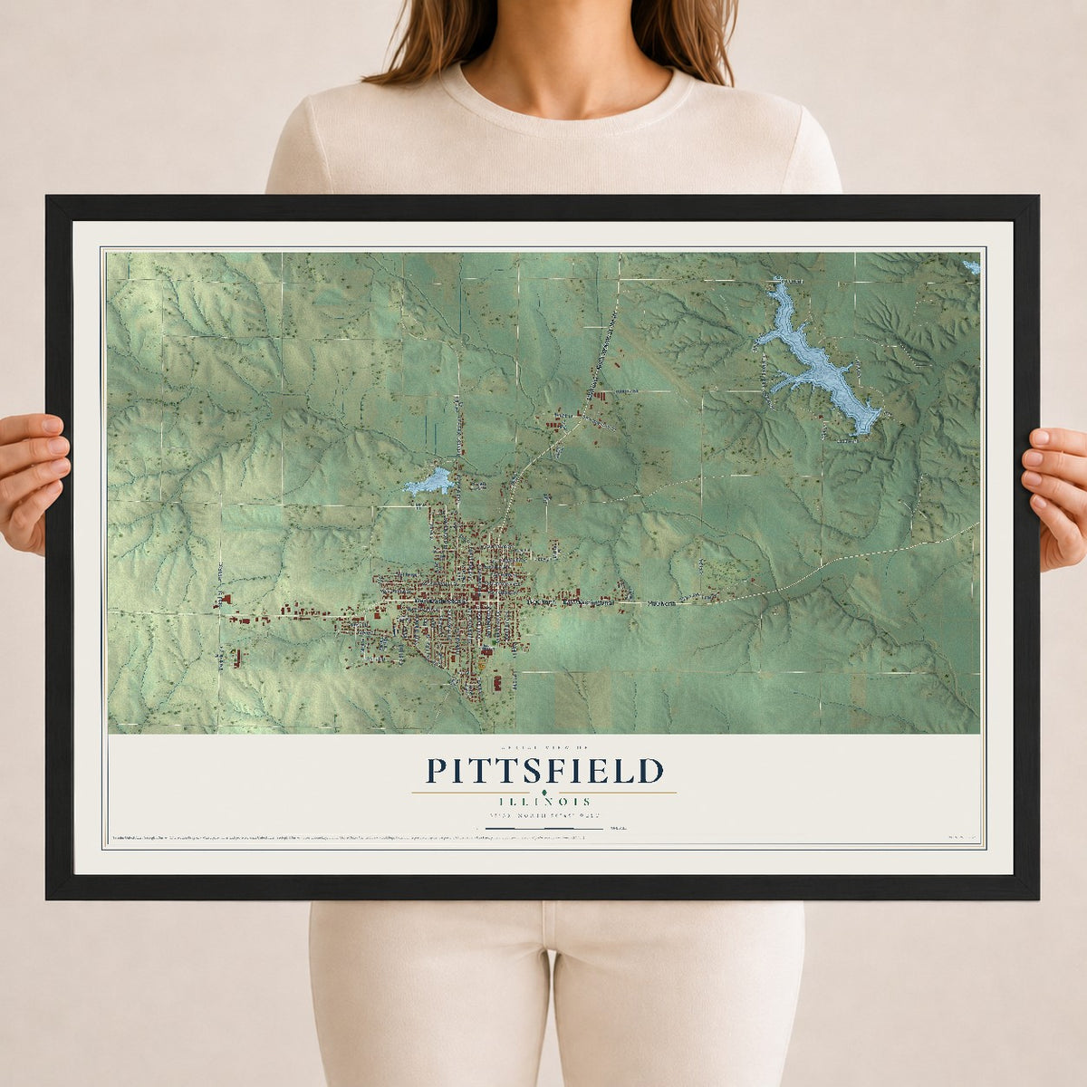 Map of Pittsfield, Illinois, 18 x 24 inch print in a black wood frame