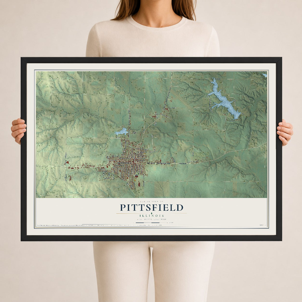 Map of Pittsfield, Illinois, 24 x 36 inch print in a black wood frame