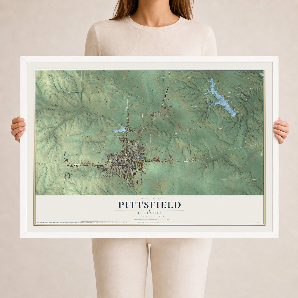 Map of Pittsfield, Illinois, 24 x 36 inch print in a white wood frame