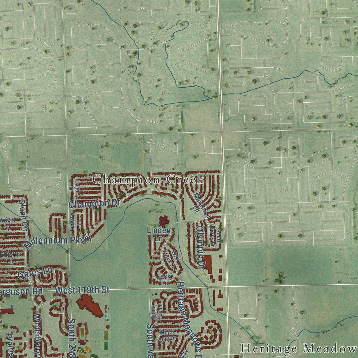 Second close-up of the map of Plainfield, Illinois print showing more streets and buildings