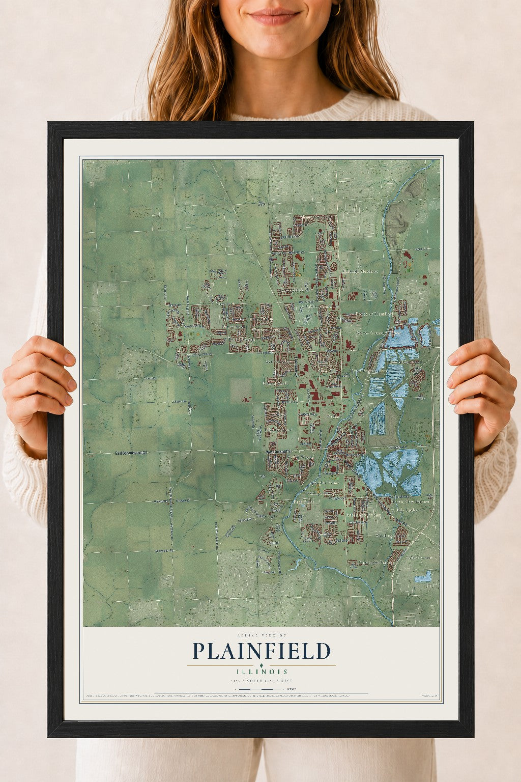 Map of Plainfield, Illinois, 18 x 24 inch print in a black wood frame