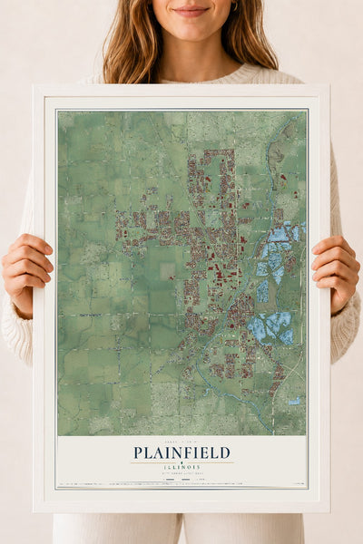 Map of Plainfield, Illinois, 18 x 24 inch print in a white wood frame